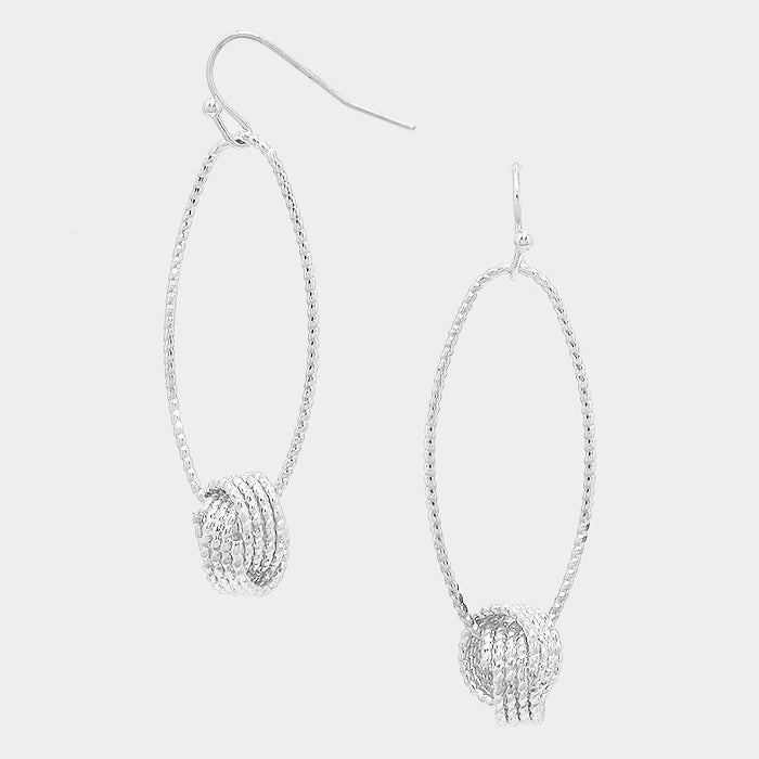 Silver Tone Twisted Metal Loop with Rope Knot Drop Earrings