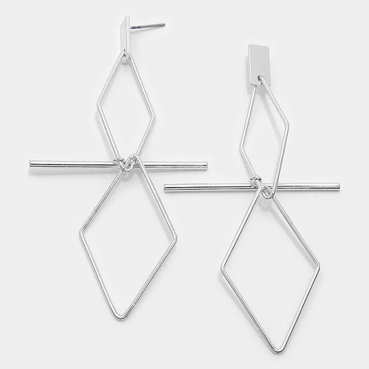 Geometric Metal Bar & Hoop Earrings Silver Tone