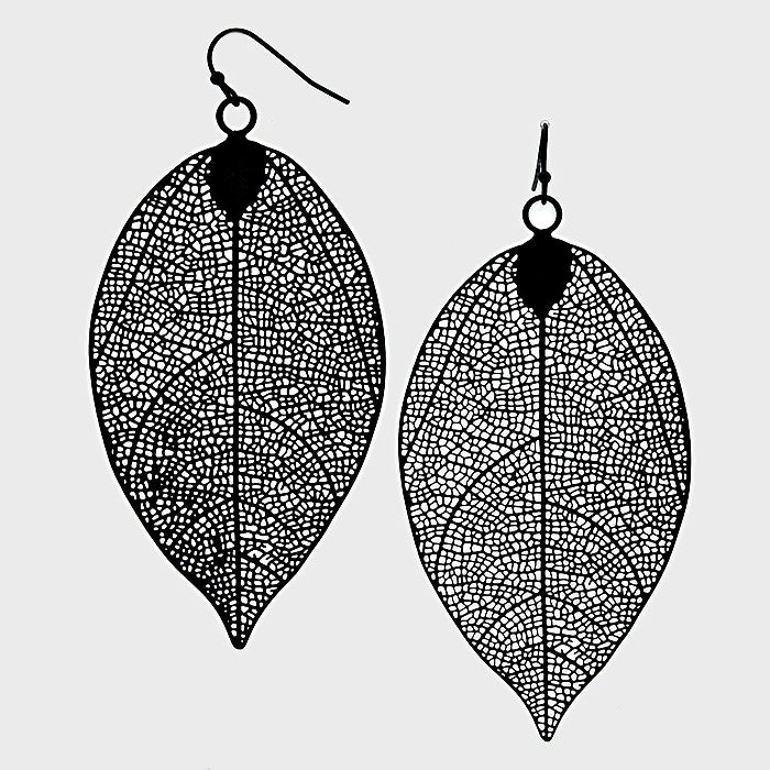 Large Leaf Metal Earrings Black