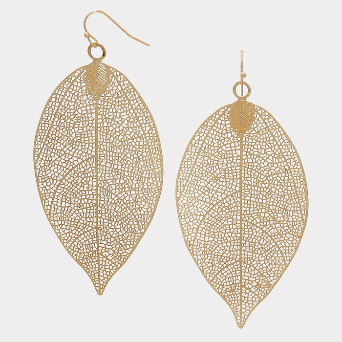 Large Metal Leaf Earrings Gold Tone