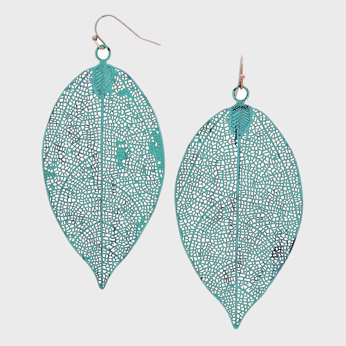 Larger Leaf Metal Earrings Patina