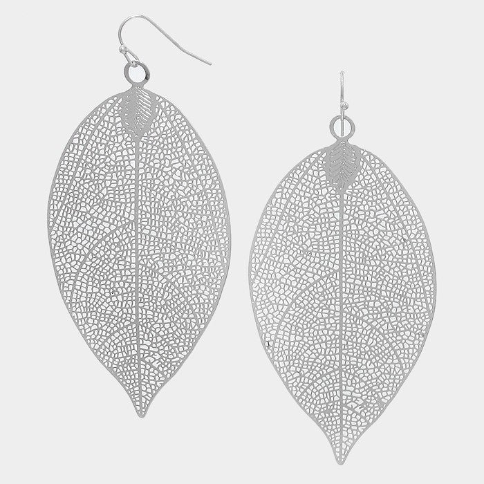 Large Metal Leaf Earrings Silver Tone