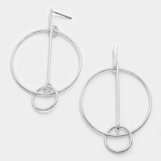 Geometric Double Metal Hoop Earrings Silver Tone