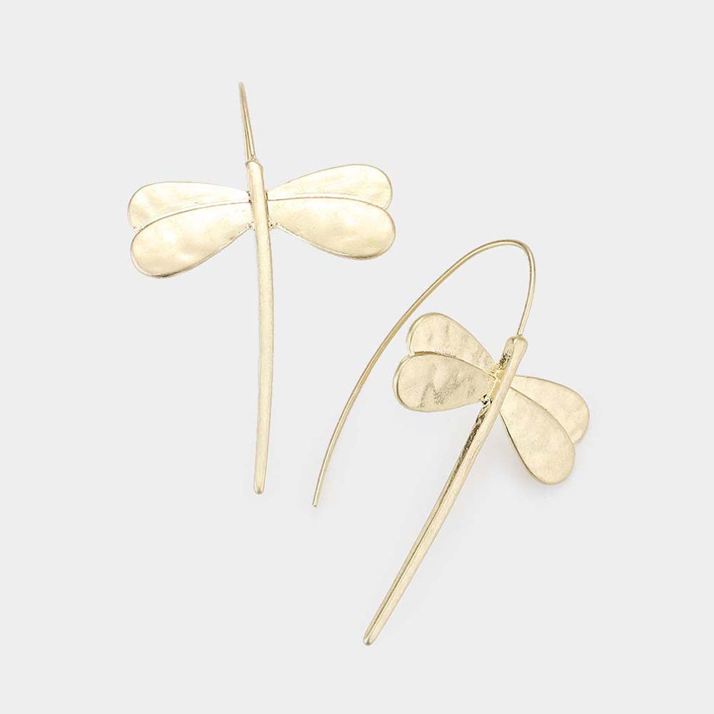 Dragonfly Long Fish Hook Earrings Matte Gold Tone