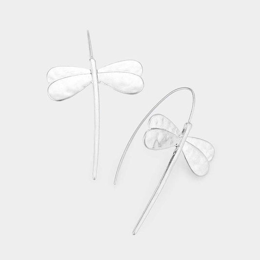 Dragonfly Long Fish Hook Earrings Matte Silver Tone