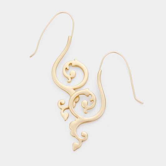 Abstract Flourish Metal Long Fish Hook Earrings Gold Tone
