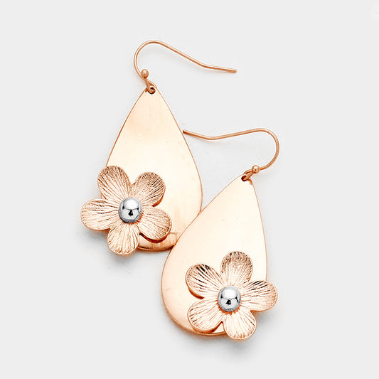 Flower Detail Teardrop Dangle Earrings Rose Gold Tone