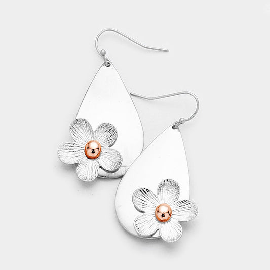 Flower Detail Teardrop Dangle Earrings Silver Tone