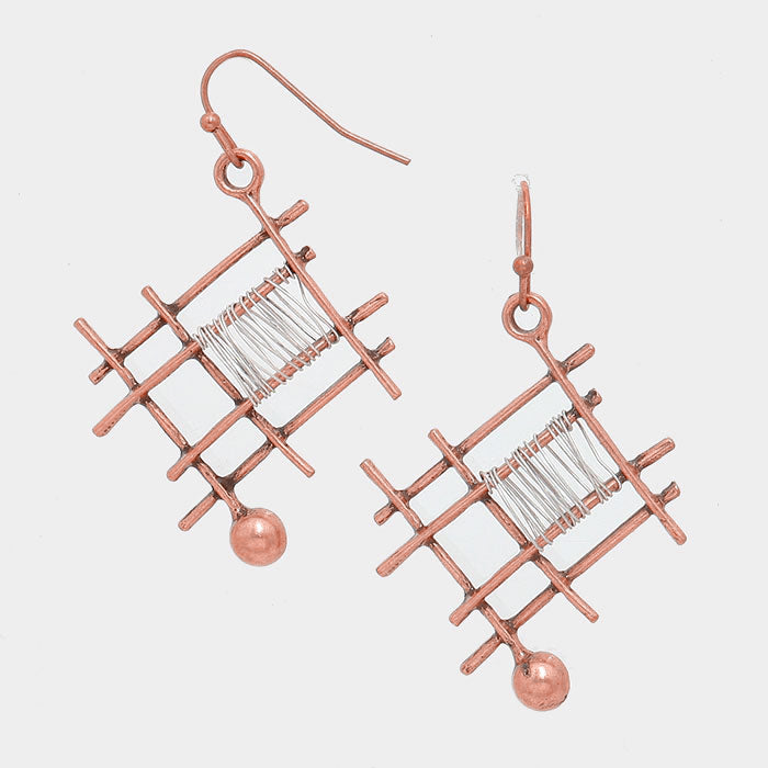 Lattice with Wire Metal Earrings Copper