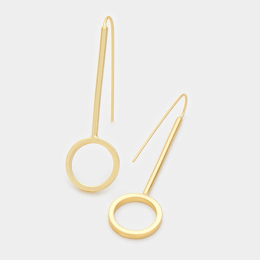 Round Long Fish Hook Metal Earrings Matte Gold Tone