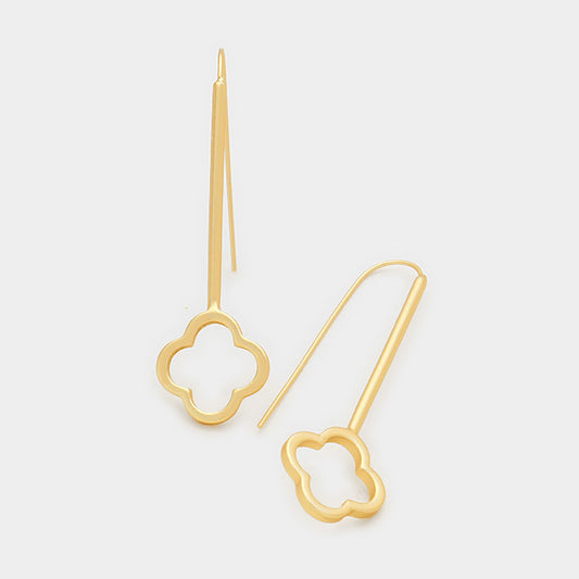 Clover Long Fish Hook Metal Earrings Matte Gold Tone