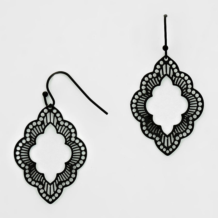 Metal Clover Shape Filigree Laser Cut Out Earrings Black