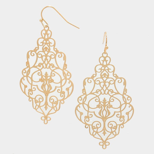 Victorian Gothic Filigree Pattern Laser Cut Out Metal Earrings Gold Tone
