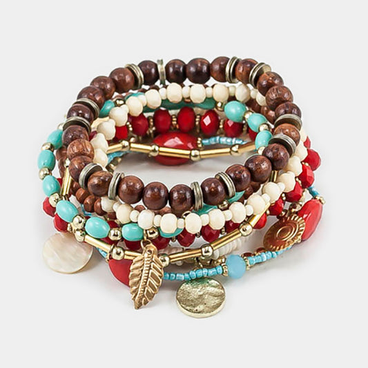 Multi Layered Strand Bead with Charms Stretch Bracelet