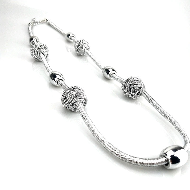 Silver Cord and Bead Long Necklace with Knotted Design Accents