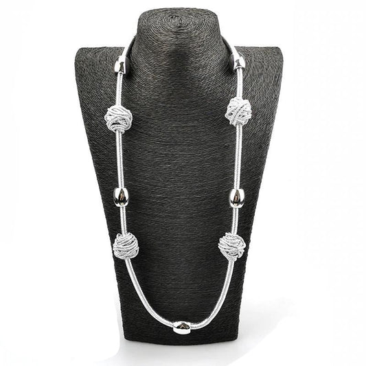 Silver Cord and Bead Long Necklace with Knotted Design Accents