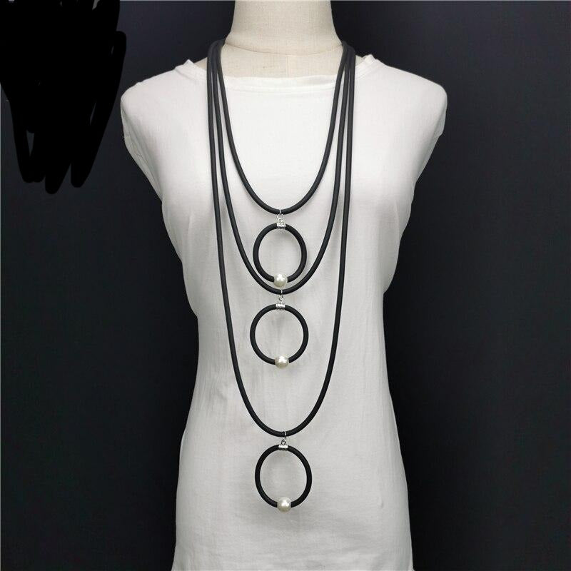 Recycled Rubber/Silicone Geometric Multi Strand Faux Pearl Accent Long Necklace