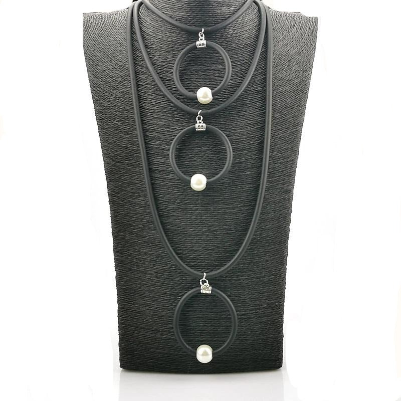 Recycled Rubber/Silicone Geometric Multi Strand Faux Pearl Accent Long Necklace