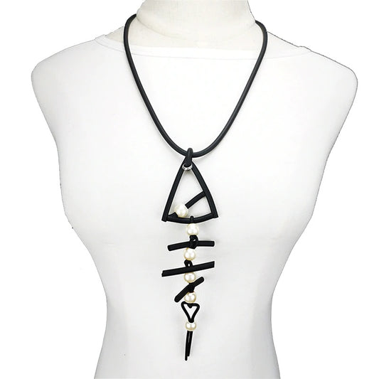Recycled Rubber/Silicone Long Fish Bone Pendant with Faux Pearls Geometric Necklace
