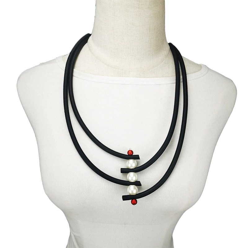 Recycled Rubber/Silicone Geometric Faux Pearl Short Necklace Multi Strands