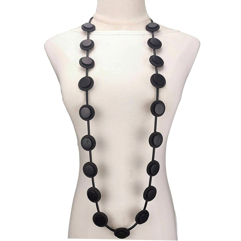 Recycled Rubber/Silicone Long Small Circle Necklace with Wood Disks Black/Black