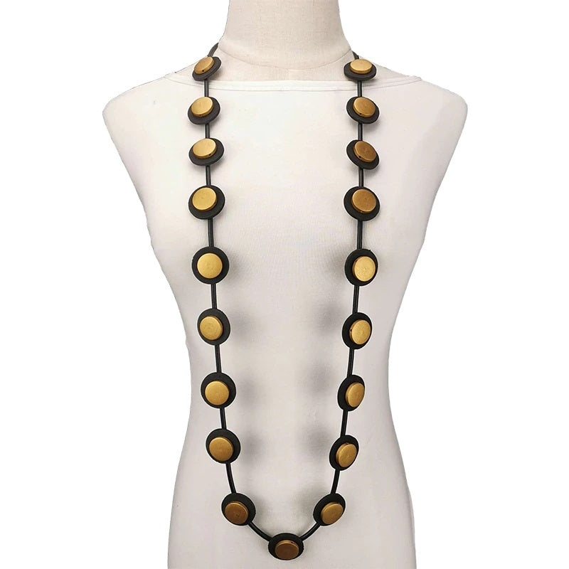 Recycled Rubber/Silicone Long Small Circle Necklace with Wood Disks Black/Gold