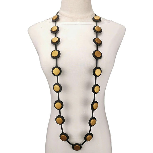 Recycled Rubber/Silicone Long Small Circle Necklace with Wood Disks Black/Gold