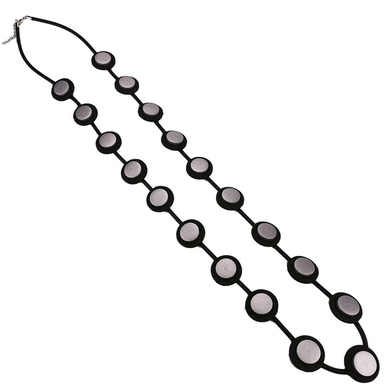 Recycled Rubber/Silicone Long Small Circle Necklace with Wood Disks Black/Silver