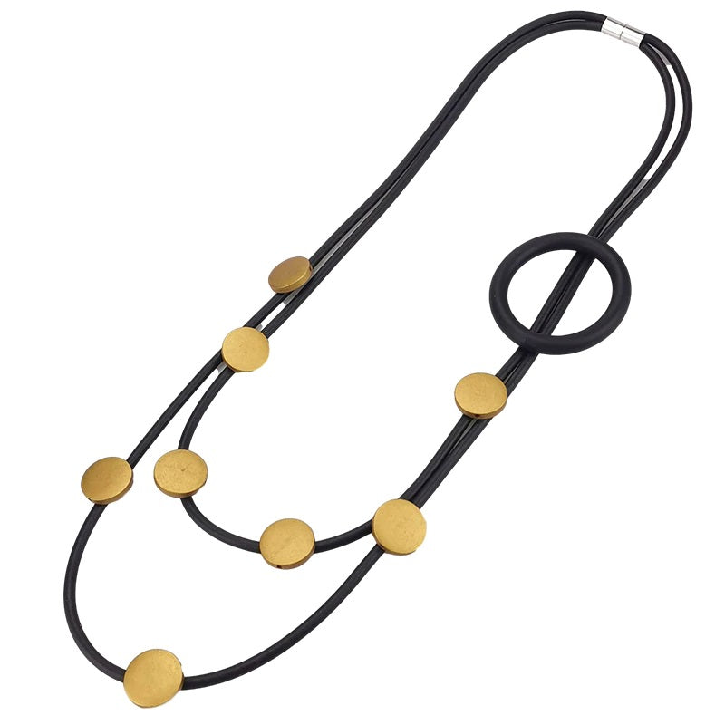 Recycled Rubber/Silicone Long Necklace Circle Décor with Wood Accents Multi Strands. Gold/Black