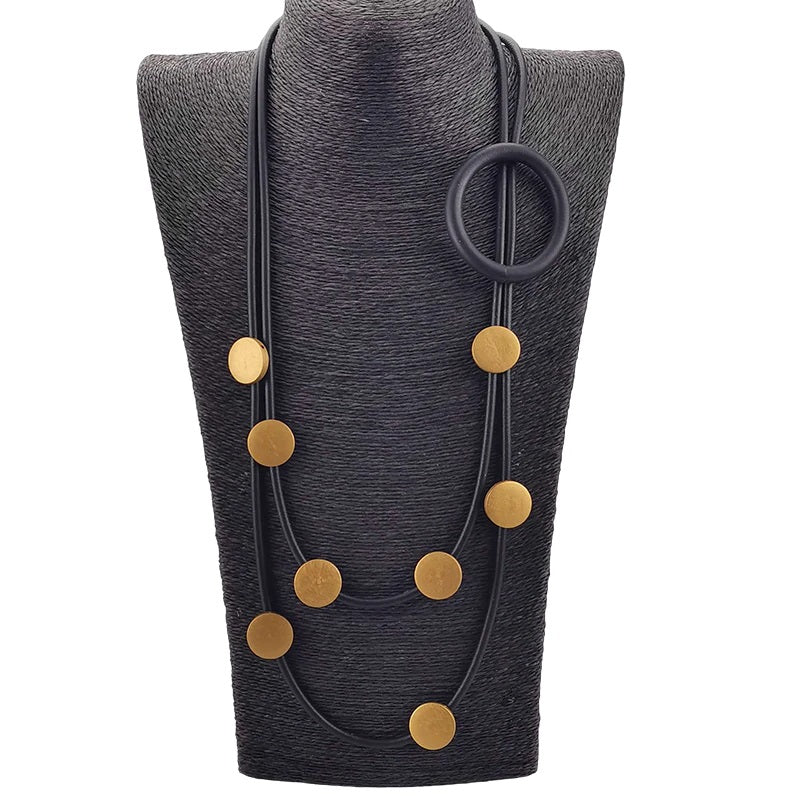 Recycled Rubber/Silicone Long Necklace Circle Décor with Wood Accents Multi Strands. Gold/Black