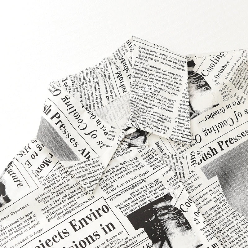 Long White & Black News Print Oversized  Button Down Shirt