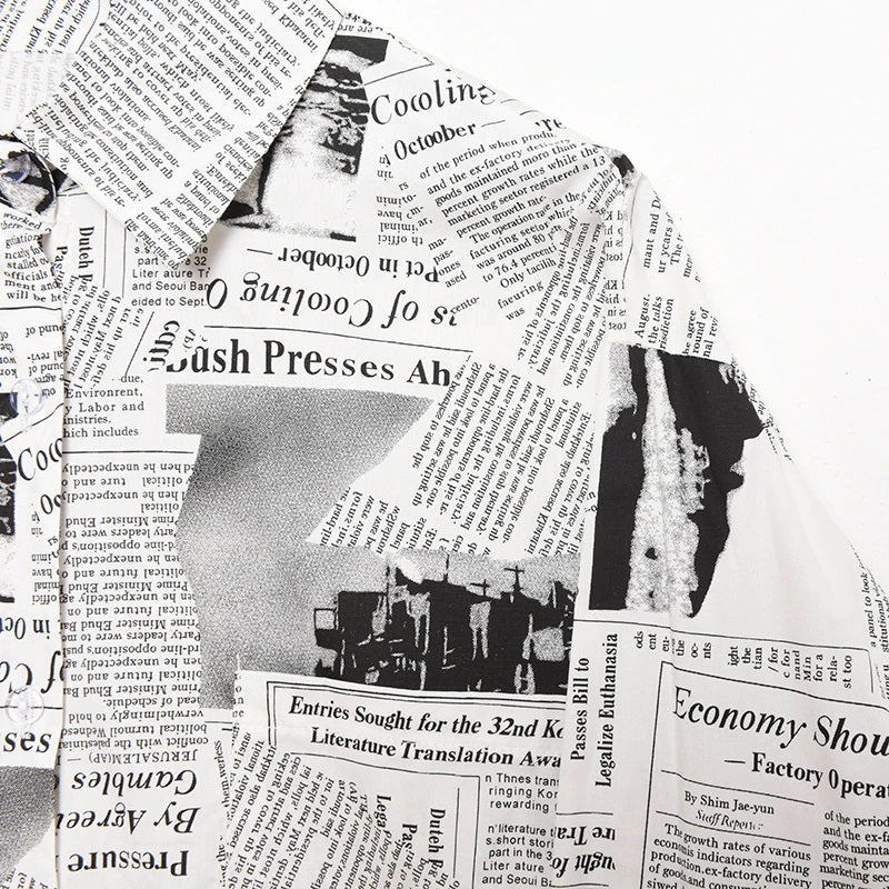 Long White & Black News Print Oversized  Button Down Shirt