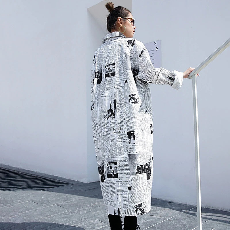 Long White & Black News Print Oversized  Button Down Shirt