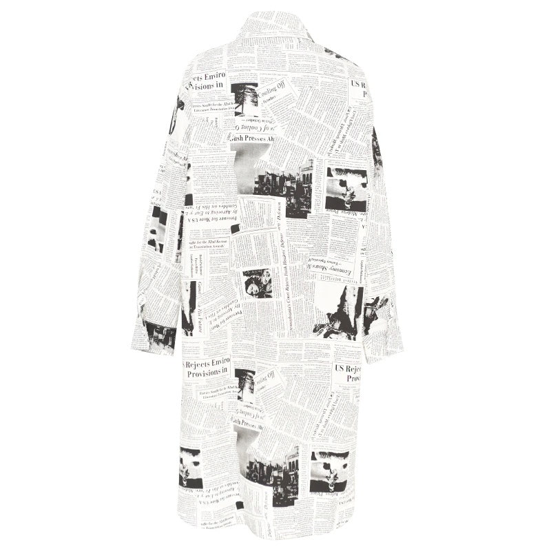 Long White & Black News Print Oversized  Button Down Shirt