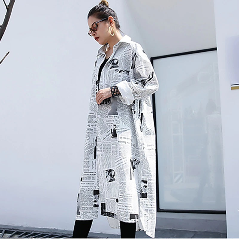 Long White & Black News Print Oversized  Button Down Shirt