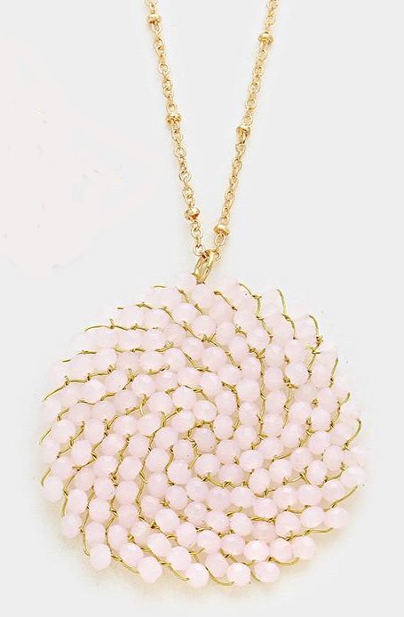 Glass Woven Bead Blossom Pendant Long Necklace Pale Pink