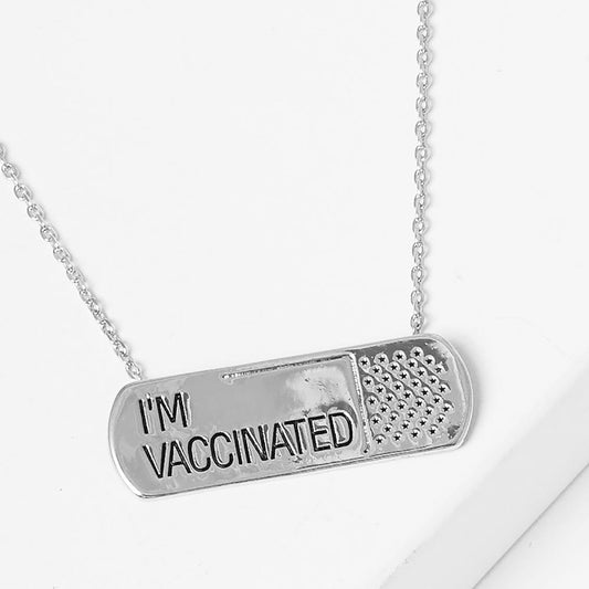 MESSAGE PENDANT NECKLACE White GOLD DIPPED BANDAGE "I AM VACCINATED" White Gold