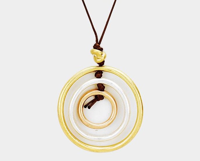 Cord Layered Triple Metal Hoop Pendant Long Necklace Tri-Color
