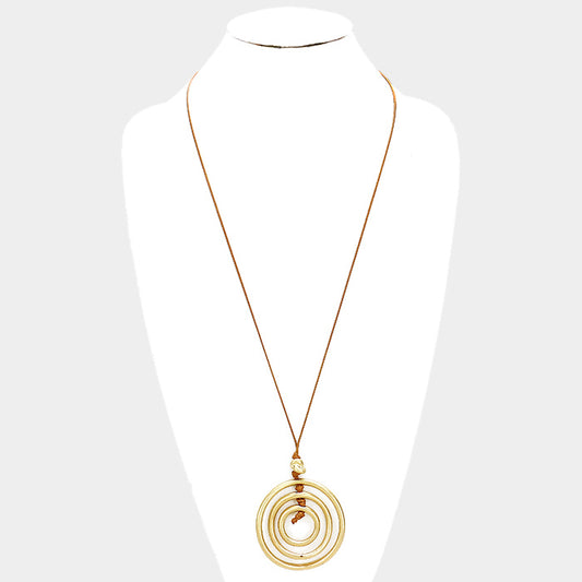 Cord Layered Triple Metal Hoop Pendant Long Necklace Gold