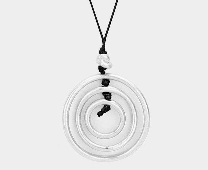 Cord Layered Triple Metal Hoop Pendant Long Necklace Silver