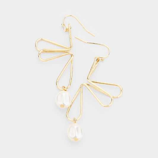 Pearl Faux Curved Wire Metal Dangle Earrings Gold Tone