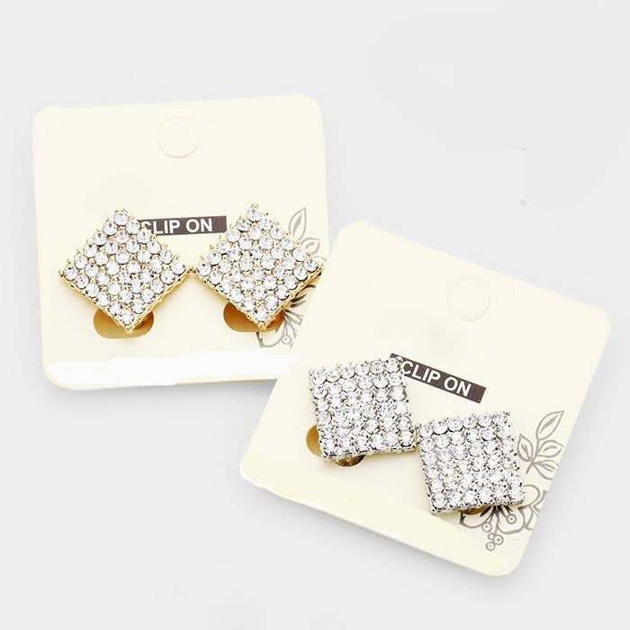 Crystal Pave Diamond Clip on Stud Earrings