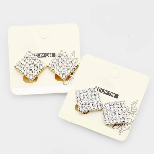 Crystal Pave Diamond Clip on Stud Earrings