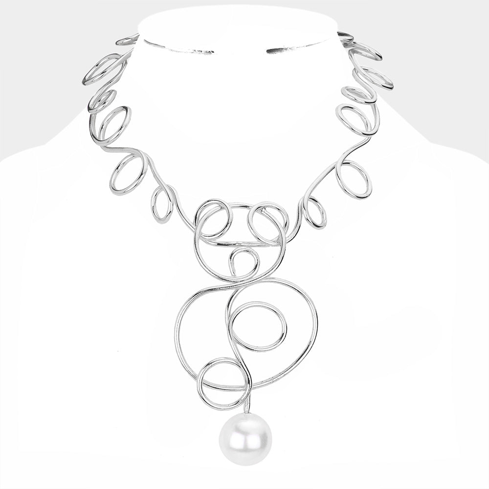 Pearl Accented Twisted Metal Necklace Silver