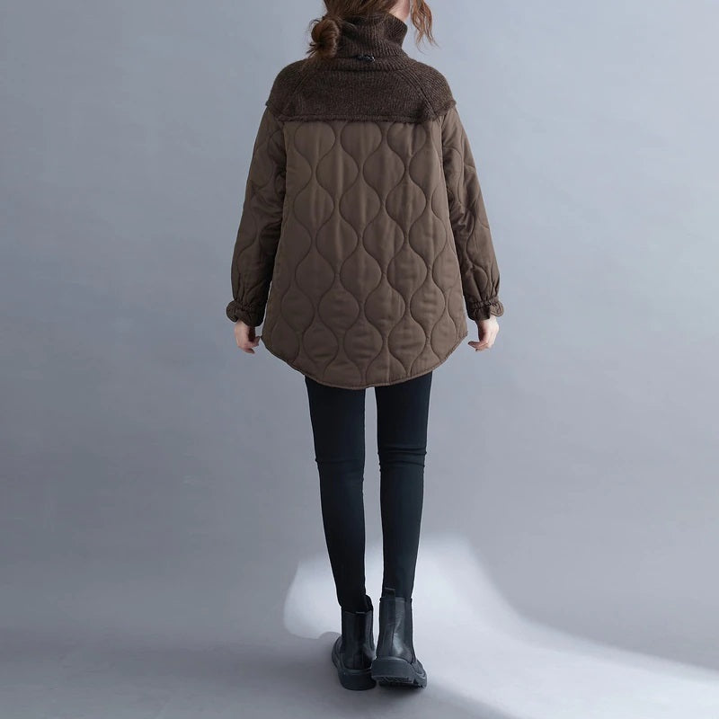 Turtleneck Sweater/Patchwork Quilted Nylon Puffer Accent Causal Oversized Brown