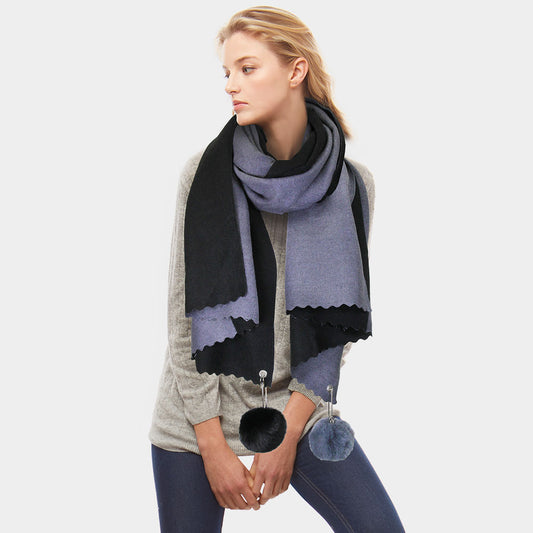 Fall/Winter Reversible Soft Scarf With Pom-Pom Accents Black