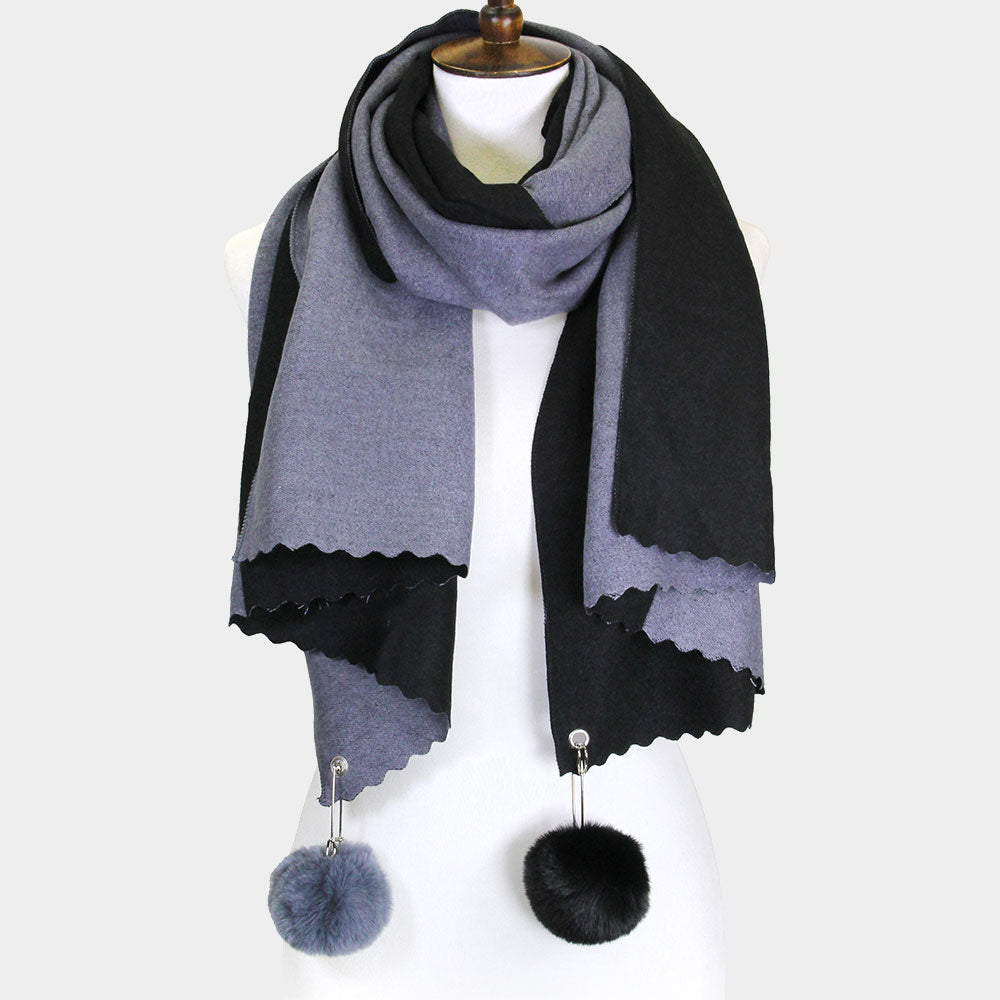 Fall/Winter Reversible Soft Scarf With Pom-Pom Accents Black