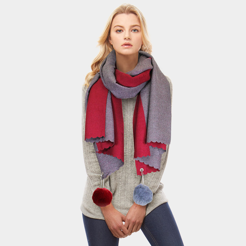 Fall/Winter Reversible Soft Scarf With Pom-Pom Accents Burgundy