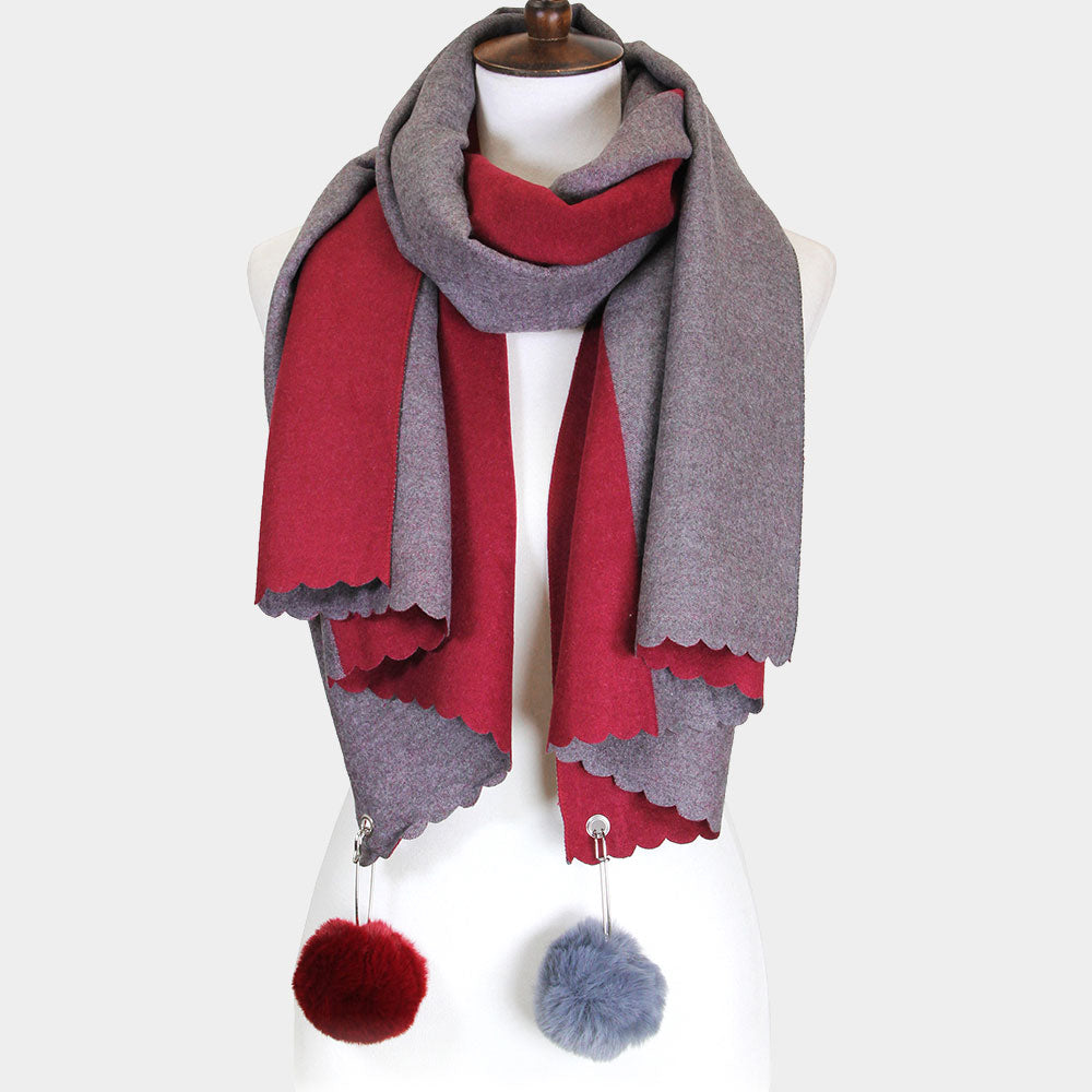 Fall/Winter Reversible Soft Scarf With Pom-Pom Accents Burgundy