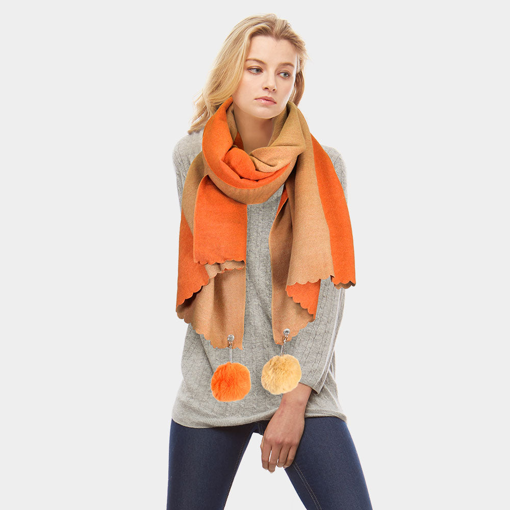 Fall/Winter Reversible Soft Scarf With Pom-Pom Accents Coral